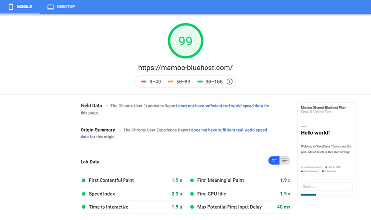 Bluehost Google Speed Test July