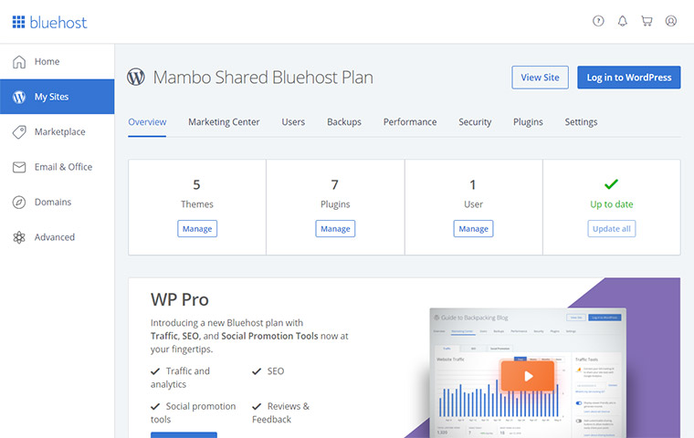 Bluehost Customer Dashboard