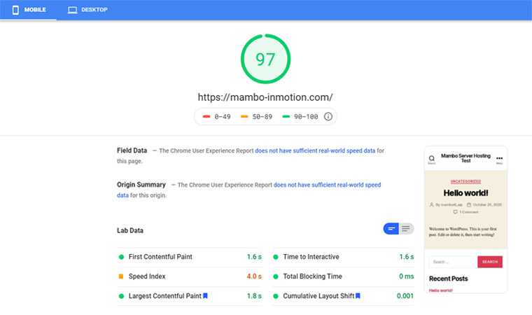 InMotion Hosting Google Speed Insights